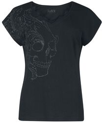 T-shirt med dödskalletryck och spets, Black Premium by EMP, T-shirt