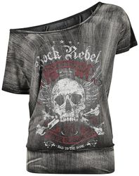 Mörkgrå T-shirt med vid halsringning och tryck, Rock Rebel by EMP, T-shirt